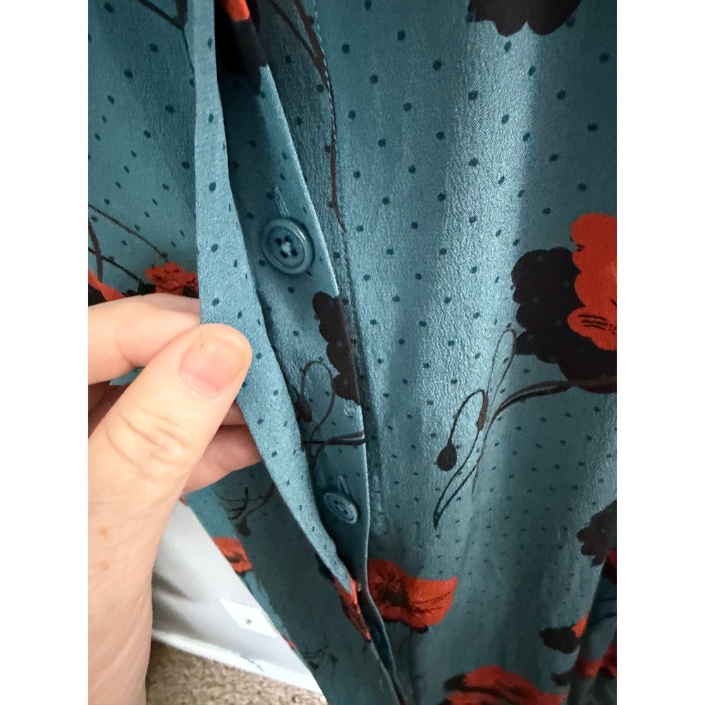 Equipment Femme Teal Blue Silk Dress Poppy Floral Shirt SZ M Midi Modest - Picture 3 of 10